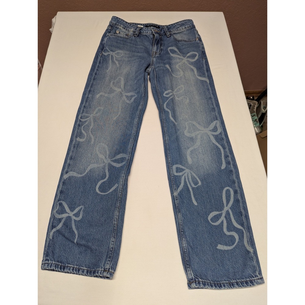 Aeropostale Womens Low Rise Baggy Jeans Blue Bow Print Denim 0 Short Wide Leg
